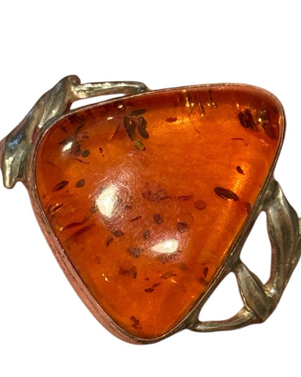 Vintage Russian Baltic Sterling Silver 925 Amber Triangle Ring in Gold Setting