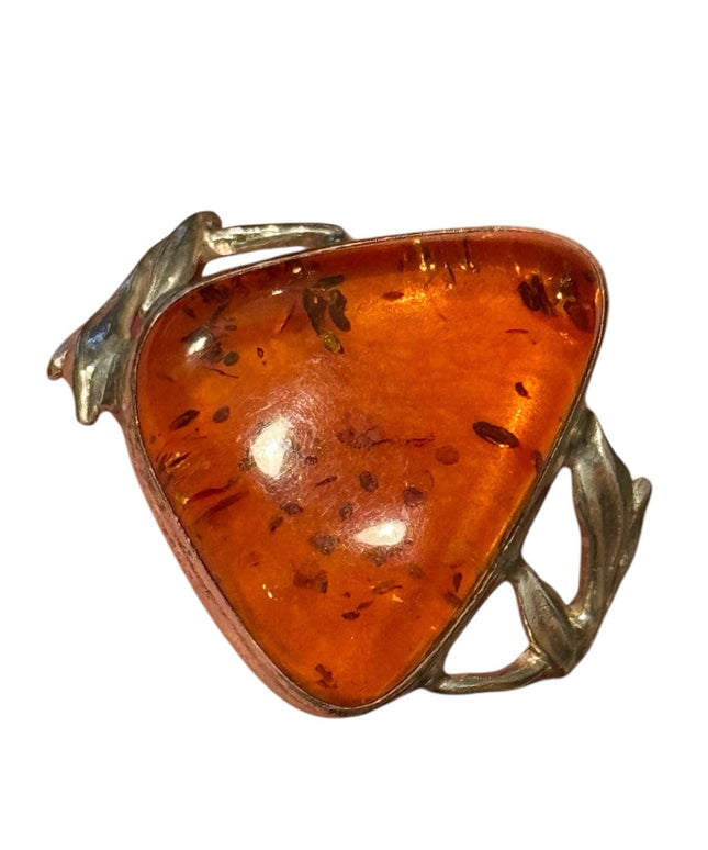 Vintage Russian Baltic Sterling Silver 925 Amber Triangle Ring in Gold Setting