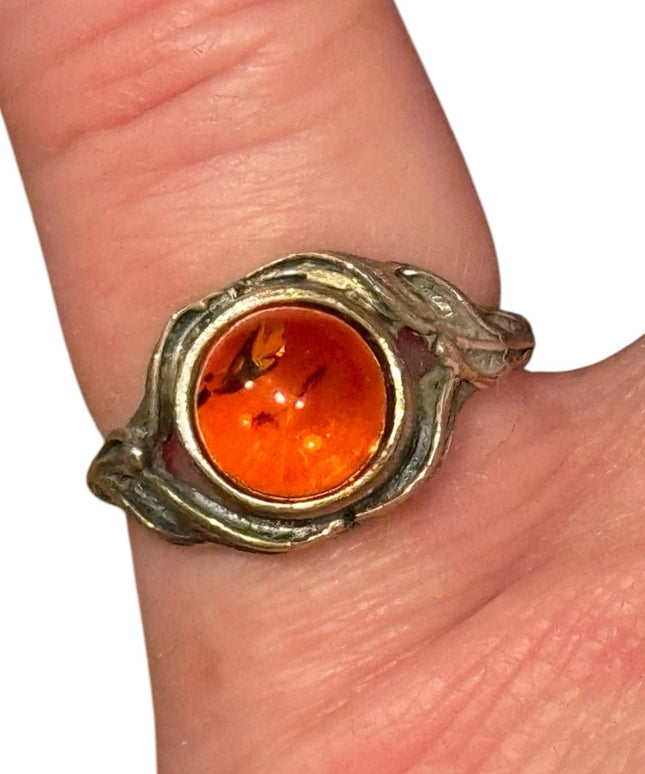 Vintage Russian Baltic Amber Stone Sterling Silver 925 Ring