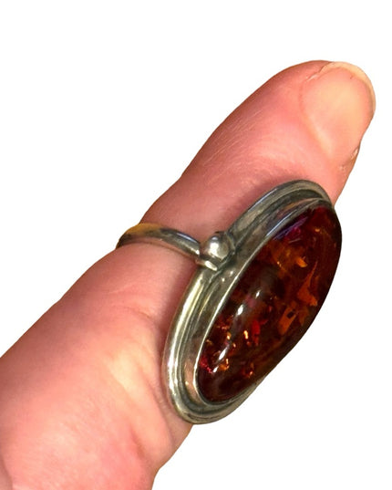 Vintage Russian Honey Amber Sterling Silver 925 fancy Oval Ring