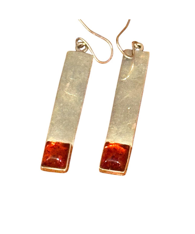 Elegant Vintage Russian Baltic Amber Sterling Silver Modernist dangle Earrings