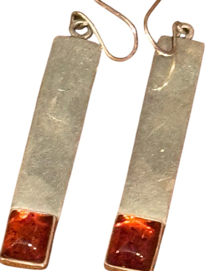 Elegant Vintage Russian Baltic Amber Sterling Silver Modernist dangle Earrings