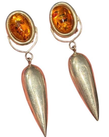 Elegant Vintage Sterling Silver 925 Russian Baltic Amber fancy Drop Earrings