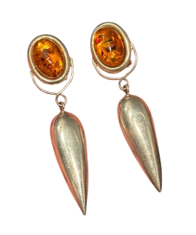 Elegant Vintage Sterling Silver 925 Russian Baltic Amber fancy Drop Earrings