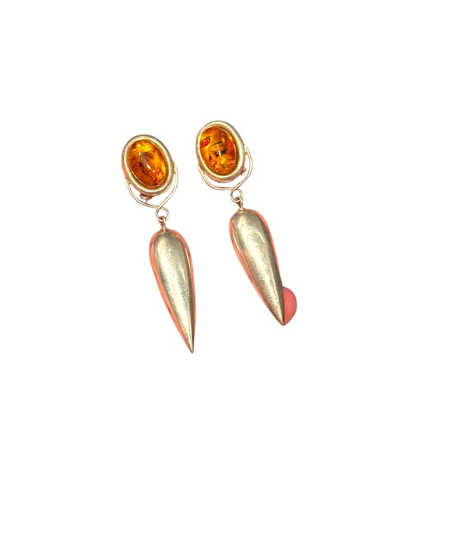 Elegant Vintage Sterling Silver 925 Russian Baltic Amber fancy Drop Earrings