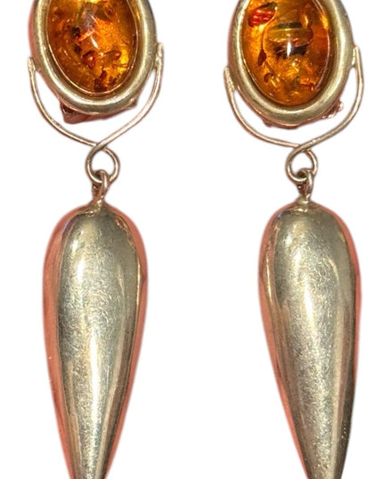 Elegant Vintage Sterling Silver 925 Russian Baltic Amber fancy Drop Earrings