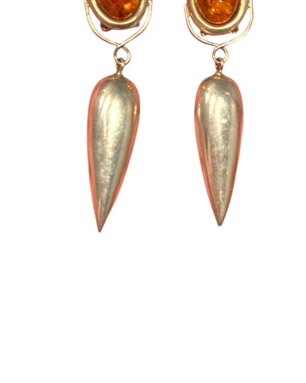 Elegant Vintage Sterling Silver 925 Russian Baltic Amber fancy Drop Earrings