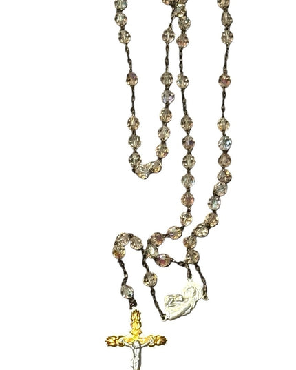 Elegant Vintage Crystal glass Rosary Beaded Necklace Silver Accents