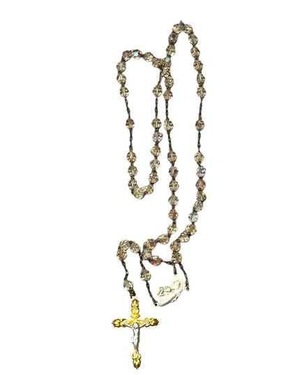 Elegant Vintage Crystal glass Rosary Beaded Necklace Silver Accents