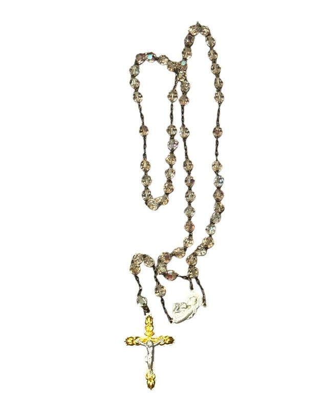 Elegant Vintage Crystal glass Rosary Beaded Necklace Silver Accents