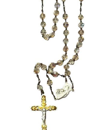 Elegant Vintage Crystal glass Rosary Beaded Necklace Silver Accents