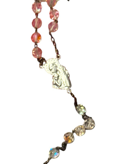 Elegant Vintage Crystal glass Rosary Beaded Necklace Silver Accents