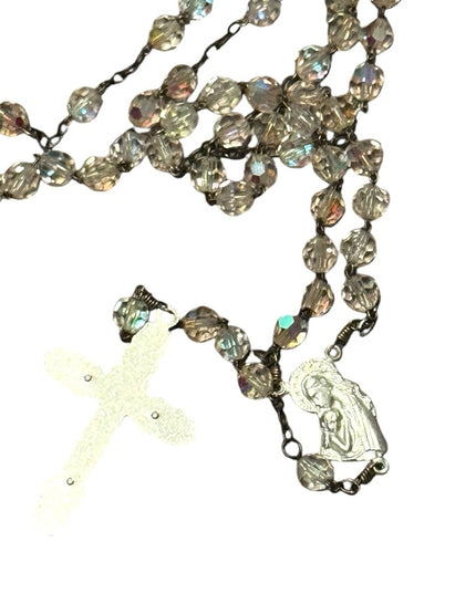Elegant Vintage Crystal glass Rosary Beaded Necklace Silver Accents