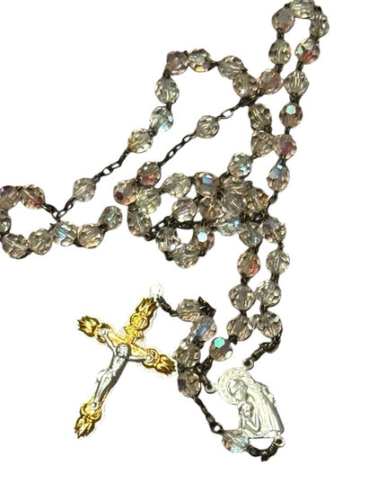 Elegant Vintage Crystal glass Rosary Beaded Necklace Silver Accents
