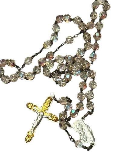 Elegant Vintage Crystal glass Rosary Beaded Necklace Silver Accents