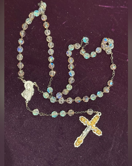 Elegant Vintage Crystal glass Rosary Beaded Necklace Silver Accents