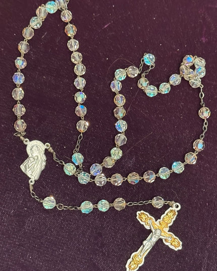 Elegant Vintage Crystal glass Rosary Beaded Necklace Silver Accents