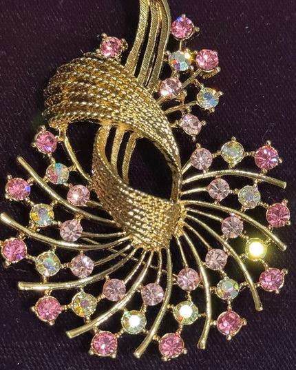 Elegant LG Vintage Gold and Pink Crystal Brooch floral pendant