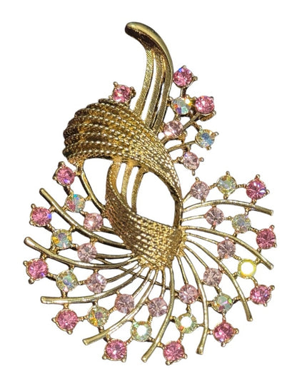 Elegant LG Vintage Gold and Pink Crystal Brooch floral pendant