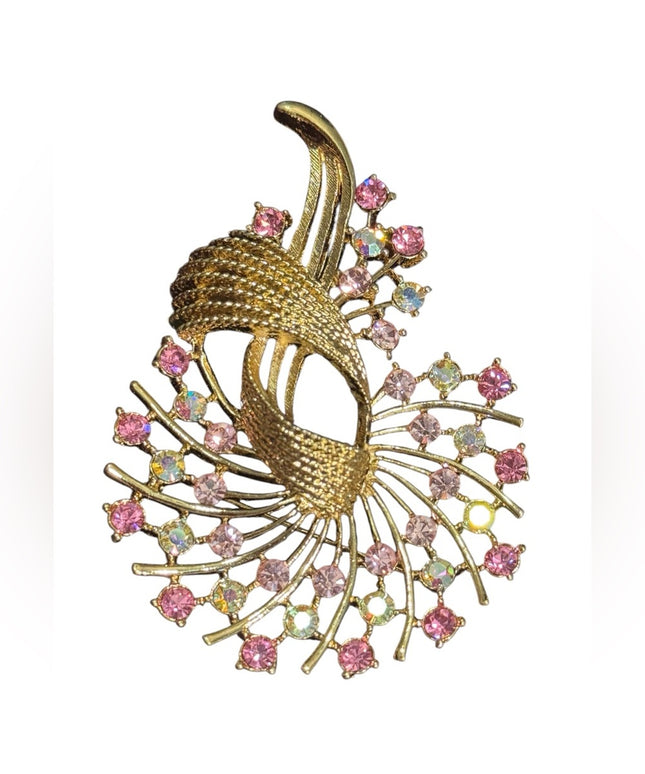 Elegant LG Vintage Gold and Pink Crystal Brooch floral pendant