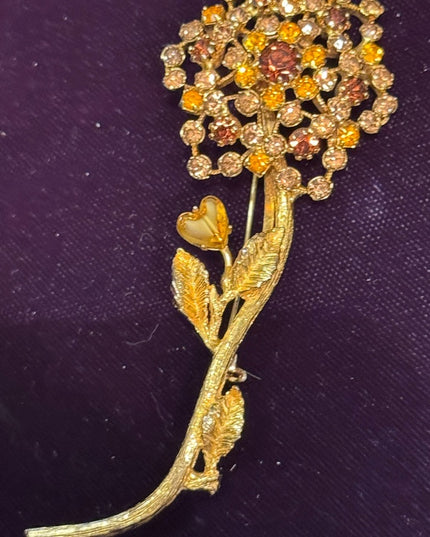 Vintage Floral Gold plt flower golden brown crystal Brooch