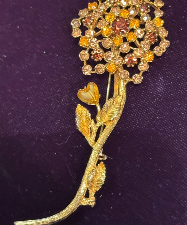 Vintage Floral Gold plt flower golden brown crystal Brooch