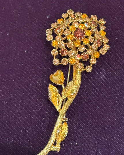 Vintage Floral Gold plt flower golden brown crystal Brooch