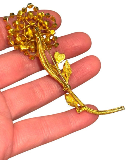 Vintage Floral Gold plt flower golden brown crystal Brooch