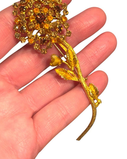Vintage Floral Gold plt flower golden brown crystal Brooch