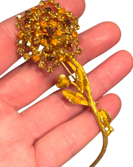 Vintage Floral Gold plt flower golden brown crystal Brooch