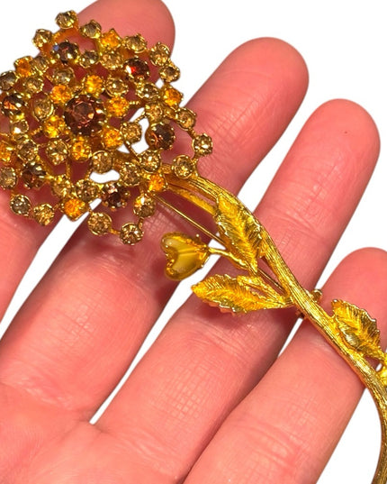 Vintage Floral Gold plt flower golden brown crystal Brooch