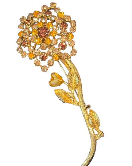 Vintage Floral Gold plt flower golden brown crystal Brooch