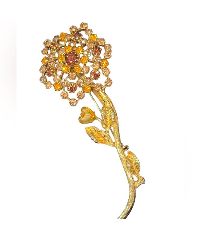 Vintage Floral Gold plt flower golden brown crystal Brooch