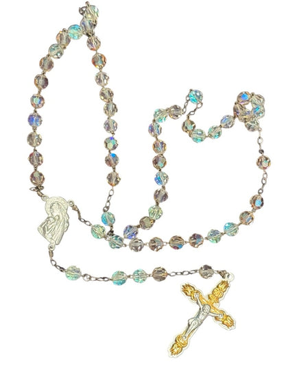 Elegant Vintage Crystal glass Rosary Beaded Necklace Silver Accents