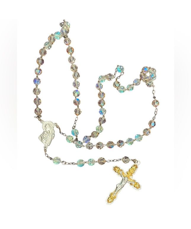 Elegant Vintage Crystal glass Rosary Beaded Necklace Silver Accents