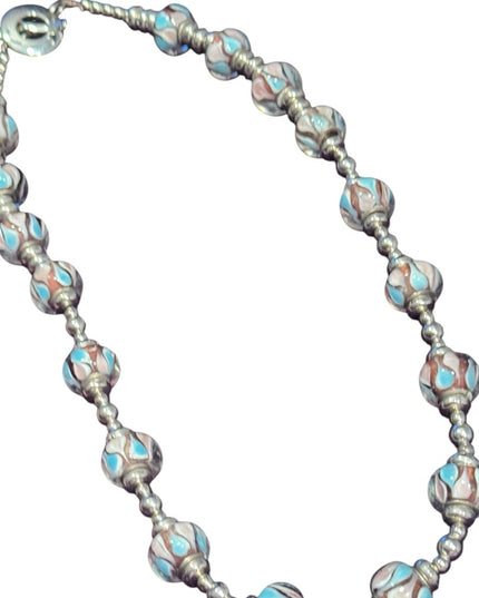 Elegant colorful glass Beaded Necklace with Silver metal bead  Accents