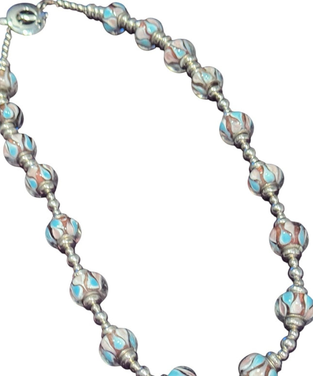 Elegant colorful glass Beaded Necklace with Silver metal bead  Accents