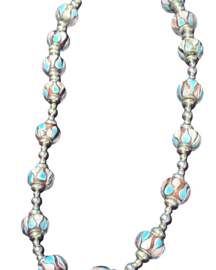 Elegant colorful glass Beaded Necklace with Silver metal bead  Accents