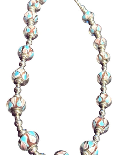 Elegant colorful glass Beaded Necklace with Silver metal bead  Accents