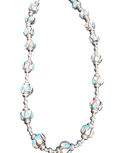 Elegant colorful glass Beaded Necklace with Silver metal bead  Accents