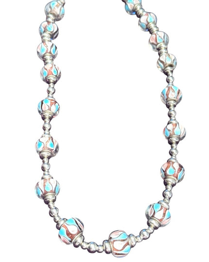Elegant colorful glass Beaded Necklace with Silver metal bead  Accents