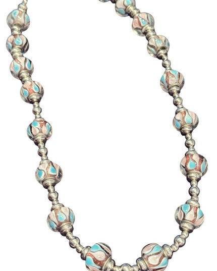 Elegant colorful glass Beaded Necklace with Silver metal bead  Accents