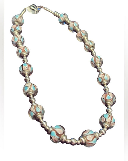 Elegant colorful glass Beaded Necklace with Silver metal bead  Accents