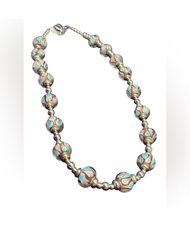 Elegant colorful glass Beaded Necklace with Silver metal bead  Accents