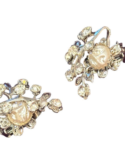 Elegant vintage silver Crown Trifari Floral Crystal Clip-On Earrings