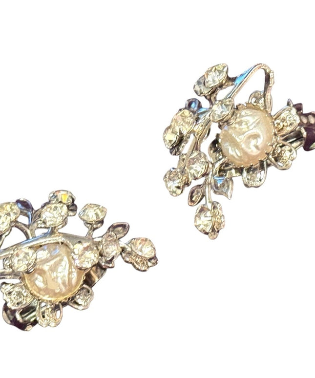 Elegant vintage silver Crown Trifari Floral Crystal Clip-On Earrings