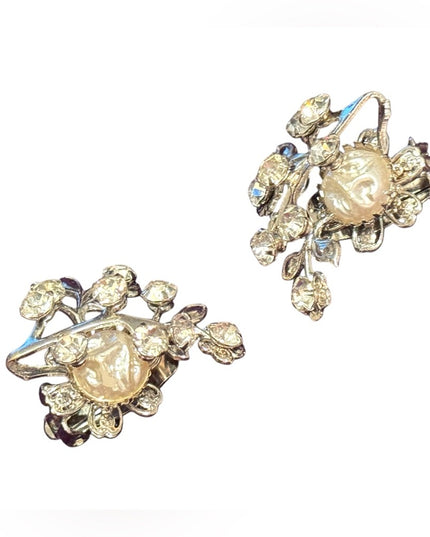 Elegant vintage silver Crown Trifari Floral Crystal Clip-On Earrings