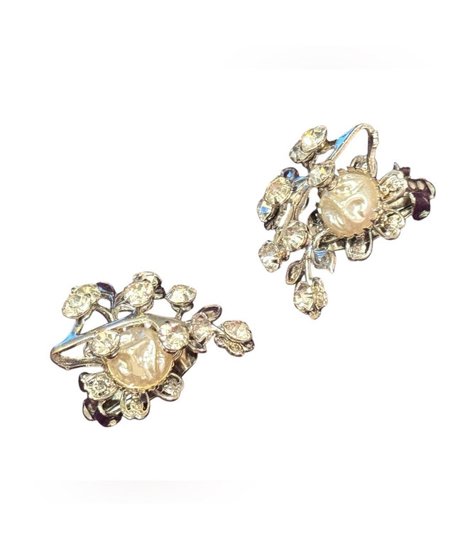 Elegant vintage silver Crown Trifari Floral Crystal Clip-On Earrings