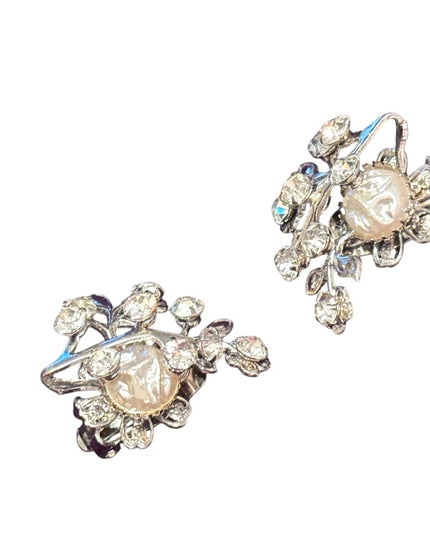 Elegant vintage silver Crown Trifari Floral Crystal Clip-On Earrings
