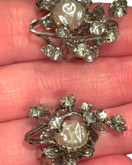 Elegant vintage silver Crown Trifari Floral Crystal Clip-On Earrings
